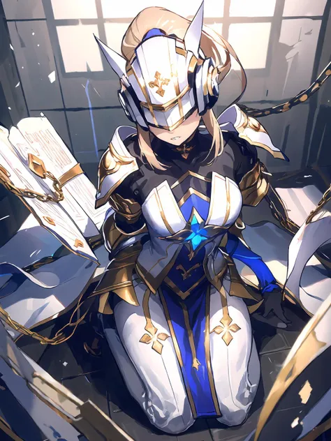 anime girl with a sword and armor sitting on a bed