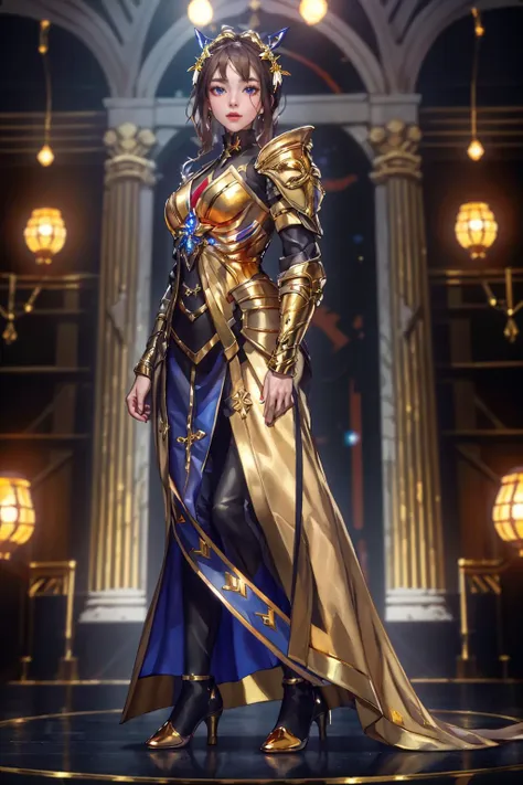 a woman in a gold and blue outfit standing in front of a stage