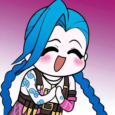 a close up of a cartoon character with blue hair and a blue wig