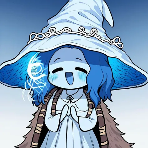 a cartoon of a person dressed in a hat and holding a blue and white umbrella