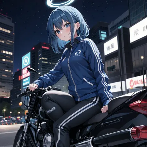 1girl, yuuka (blue archive), halo, track jacket, dark blue hair, dark blue eyes, blue buruma, solo, sitting in the expensive motorcycle, night, wearing motorcycle suit,