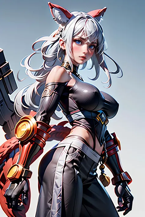 <lora:Qi_AoV_New:0.7>,  <lora:add_detail:0.4>, qi_aov_new, 1girl, solo, grey eyes, grey hair, bangs, long hair, hair ornament, breasts, large breasts, looking at viewer, blue eyes, white background, animal ears, bare shoulders, standing, white hair, , pant...