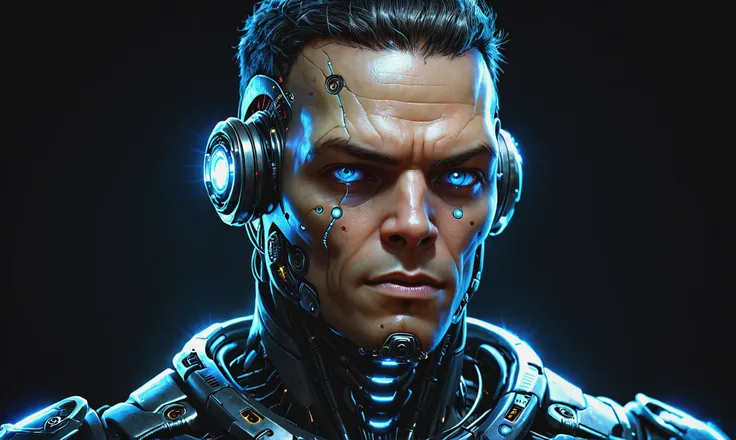 a close up of a man with headphones on and a glowing face