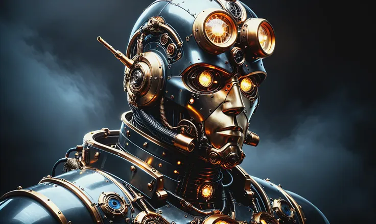 a close up of a robot with a steam engine on his head