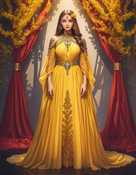 (full body photo:1.3), adult woman, HHUD, <lora:HUD3:0.8>,  standing, wearing HUD_spr_armr, hair flower, long (yellow diamond chiffon dress), long sleeves, jewelry, intricate engraved metal neckpiece, shoulder piece, ruby jeweled belt, breastplate, laser c...