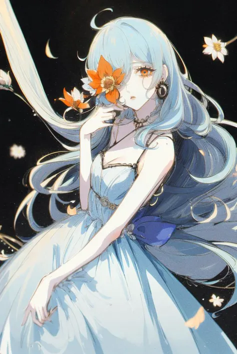 1girl, light blue hair, orange eyes, long hair, hair between eyes, ringlets, despair, ballgown, innocence, yoshitaka amano character design, style by NTY, birdcage, morbid, solo <lora:PsychoMode:0.7>, flower eyepatch, <lora:Kinomi_Flower_Eyepatch:1>