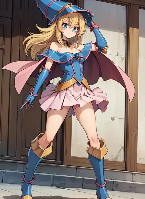 ((best quality)), ((highly detailed)), extremely detailed face, beautiful face, , (1girl), (solo), dutch_angle, dynamic pose, full body, very wide shot, <lora:Dark Magician Girl:.5>, DMG, blonde hair, blue eyes, blush stickers, smiling, wizard hat, off sho...