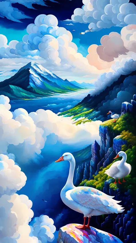 A white goose on top of a mountain with a sea of clouds bellow, hyper detailed, impressive, masterpiece, inspiring, vibrant, HDR, cinematic lighting, (gouache oil painting:1.5), best quality, high resolution, 8k resolution