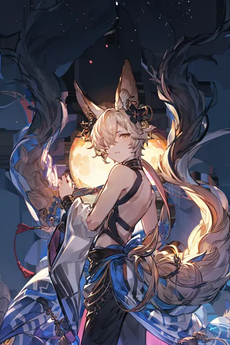 <lora:Granblue Fantasy-STYLE>,  <lora:kou_granblue:.7>, kou, 1boy, japanese clothes, sleeveless, hair ornament, tail, from below, standing, facing viewer, night sky, moon, (backlighting, silhouette:1.2)