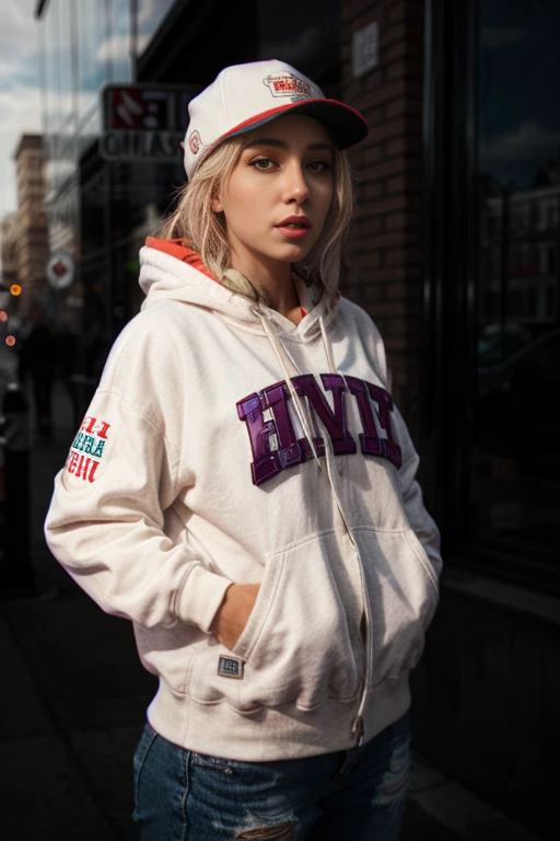 arafed woman in a white hoodie and a baseball cap