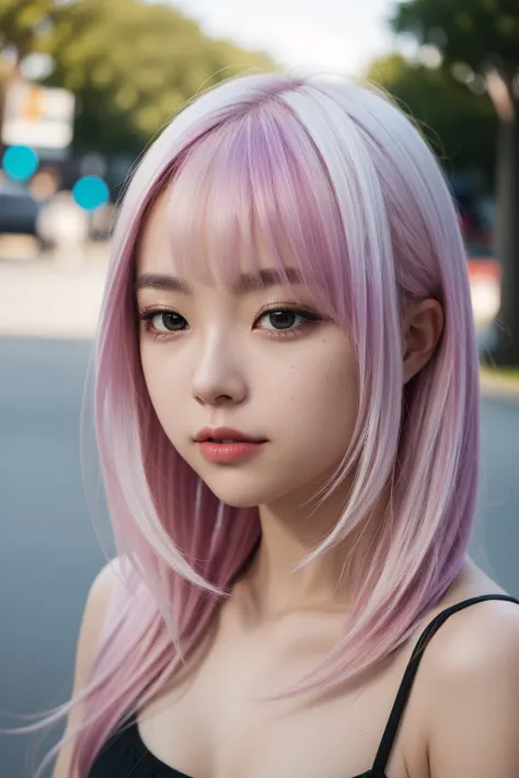 a close up of a woman with pink hair and a black top