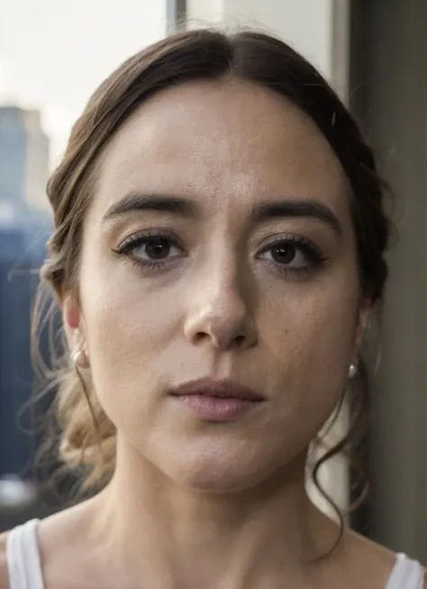 a close up of a woman with a white shirt and a city view