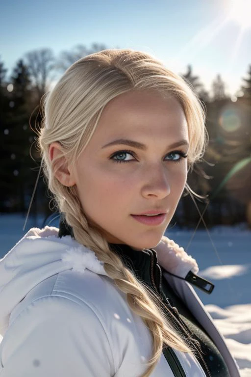 a close up of a woman with a white jacket and a horse in the background