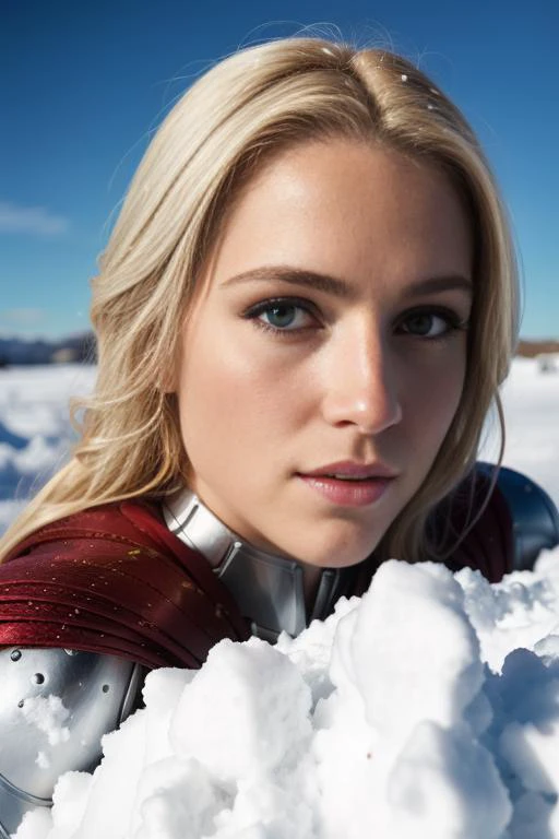 a close up of a woman in a suit of armor in the snow