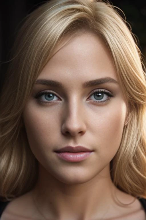 a close up of a woman with blonde hair and blue eyes