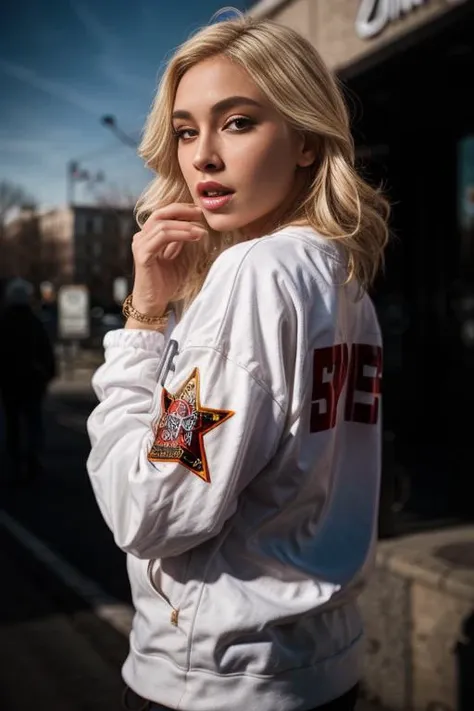 a woman in a white jacket with a star on it