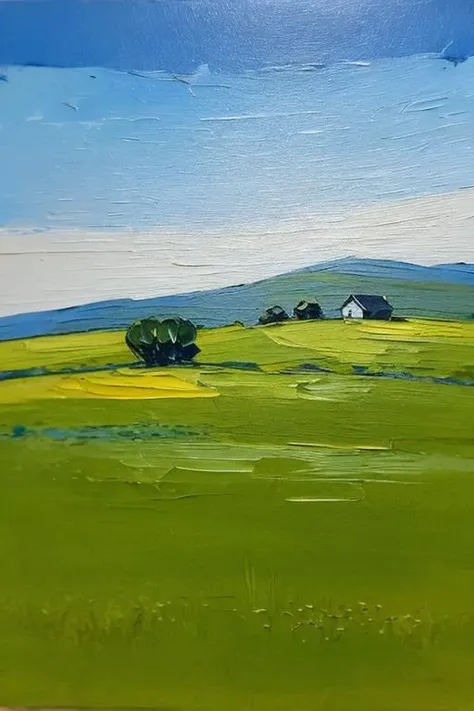 painting of a green field with a white barn and trees