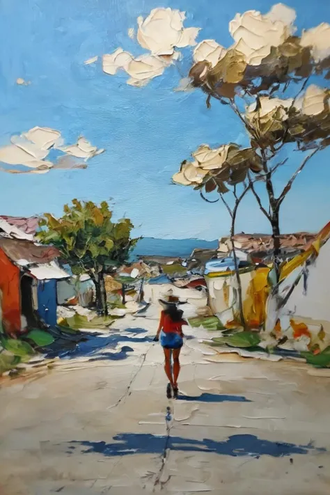 painting of a woman walking down a street with a backpack