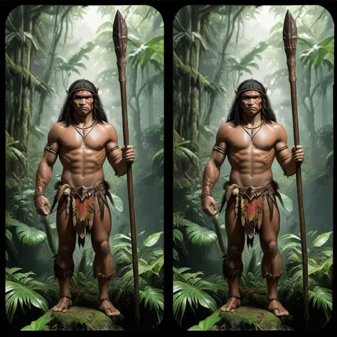 a (StereoView:1) of a native barbarian standing in the rainforest wielding a spear, full-body wide distance shot, (mirror:1), realistic, highly detailed black border, side by side <lora:StereoView_SDXL:0.5>