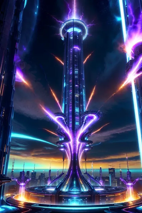 <lora:PlasmaTech-20:0.9>, plasmatech, scifi, plasma filaments, purple hues, on top of a skyscraper