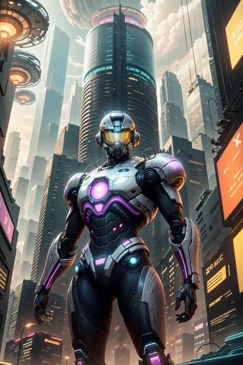 <lora:PlasmaTech:0.8> plasmatech, scifi, plasma filaments, plasma filaments, purple hues, a man in a futuristic suit standing in a city, master chief in cyberpunk city, in a futuristic cyberpunk city, sci-fi cinematic movie still, futuristic soldier, dysto...