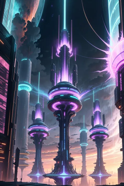 <lora:PlasmaTech:0.8> plasmatech, scifi, plasma filaments, plasma filaments, purple hues,cyberpunked, futuristic cities, StarWars, Skyscrapers, HD Images, Skyscrapers towering into space