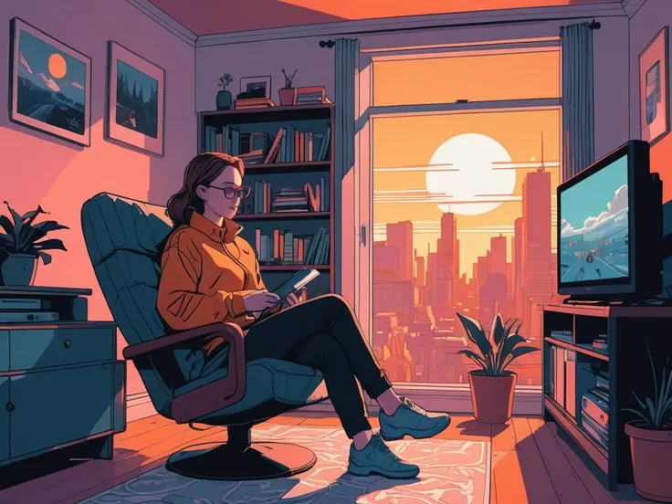 style of laurie greasley a 28 years old lady sitting on a chair and watching tv in a bright room, tv,