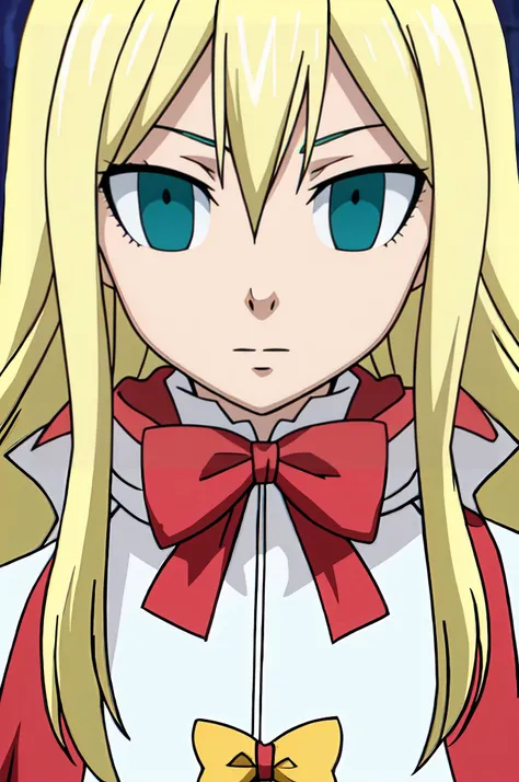 anime girl with blonde hair and blue eyes wearing a red bow