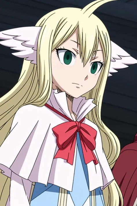 mavis, fairy tail, anime art style, 1girl, solo, long_hair, blonde_hair, bow, ribbon, green_eyes, upper_body, ahoge, wings, bowtie, capelet, expressionless, head_wings, empty_eyes