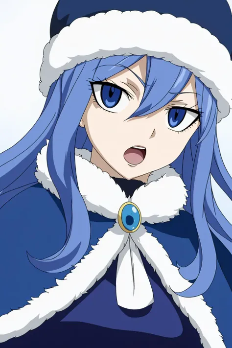 juvia, fairy tail, anime art style, 1girl, solo, long_hair, looking_at_viewer, open_mouth, blue_eyes, hat, hair_between_eyes, blue_hair, fur_trim, capelet, blue_headwear