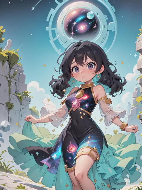 8k, highly detailed, beautiful woman, <lora:stellar_clothing-1.0:1>, ((stellar clothing)), long dress,
black hair Natural Curls,
pastel-colored sky,
swaggering,
flustered