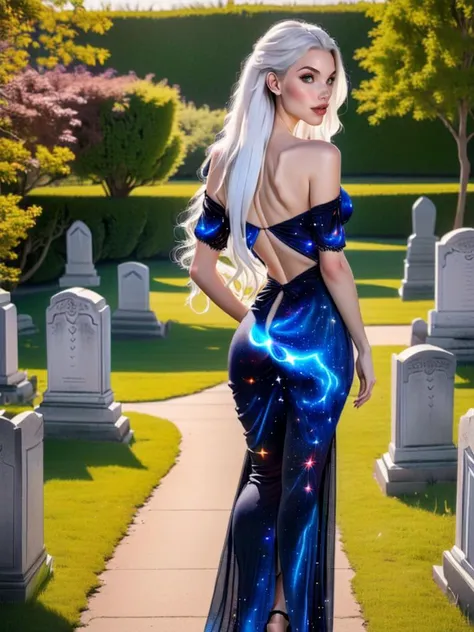 a woman in a blue dress standing in a cemetery with a glowing light