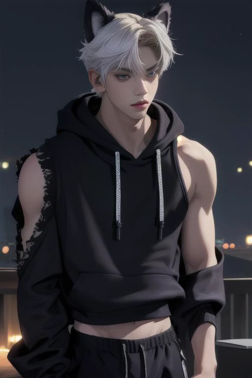 a man with white hair and black hoodie standing on a rooftop