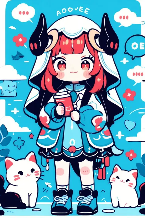 (masterpiece best quality:1.2), cute, chibi, 1girl, solo, niloudef, bright red hair, teal eyes, smile, text and emoji installations, solid colors, mixed patterns, MBE illustrations, bold lines, bubbles, moonlight, water theme, <lora:genshinfull1:1>, <lora:...