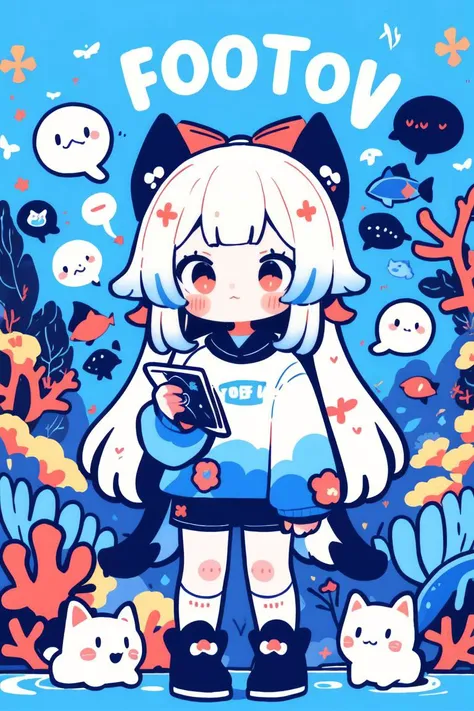 (masterpiece best quality:1.2), cute, chibi, 1girl, solo, kokomidef, text and emoji installations, solid colors, mixed patterns, MBE illustrations, bold lines, fishes, water, bubbles, coral, starfish, jellyfish, water theme, <lora:genshinfull1:1>, <lora:20...