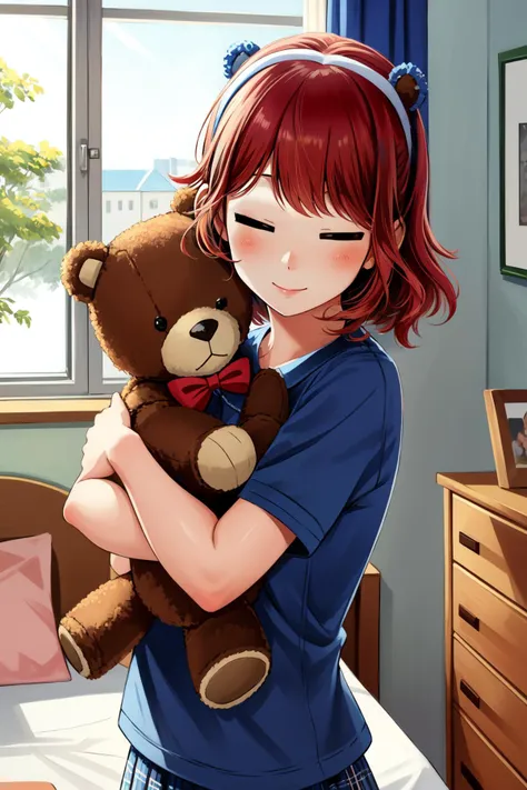 anime girl holding a teddy bear in her arms in a bedroom