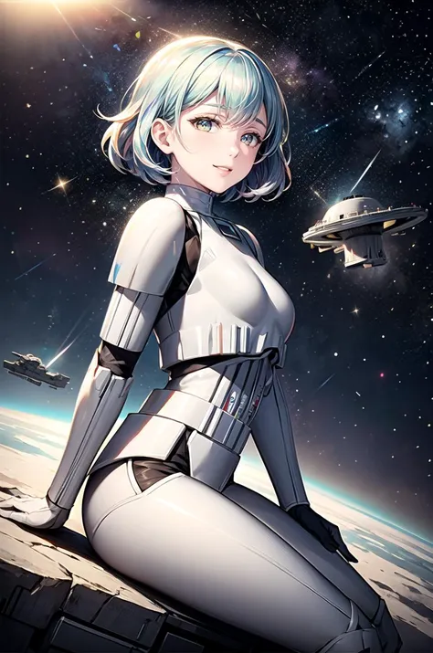 (masterpiece, best quality, detailed), 1girl, solo, looking at viewer, diamond, (multicolored hair), multicolored eyes,
<lora:StormTrooper:1>, stormtrooper, armor, cockpit, spacecraft, science fiction, space, sitting, from side, smile, parted lips