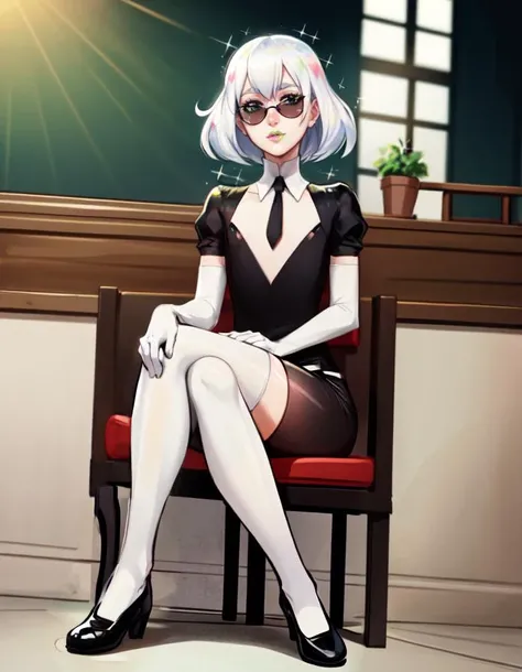 masterpiece, best quality, full body, thick thighs, <lora:diamond-nvwls-v1-final:1>, diamond sitting in cafe, legs crossed, sunglasses, white hair, ((flat chest)), skindentation, thighhighs, black shorts, big butt