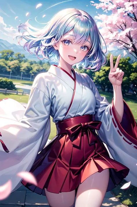 (masterpiece, best quality, detailed), 1girl, solo, looking at viewer, diamond, multicolored hair, multicolored eyes,
miko, japanese clothes, red hakama, wide sleeves, white kimono, ribbon trim, hakama short skirt, cherry blossoms, petals, outdoors, tree, ...