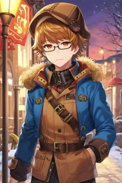 masterpiece, best quality, illustration, 1boy, solo, male focus, looking at viewer, , depth of field, <lora:nishiki_nishio:0.74>, nishiki_nishio, brown hair, brown eyes, glasses, parka, ski hat, steampunk,