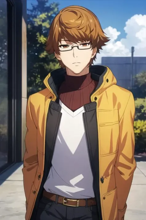 masterpiece, best quality, photorealistic, 1boy, solo, male focus, looking at viewer, upper body, , <lora:nishiki_nishio:0.74>, nishiki_nishio, brown hair, brown eyes, glasses, cowboy costume, science fiction hard science fiction,