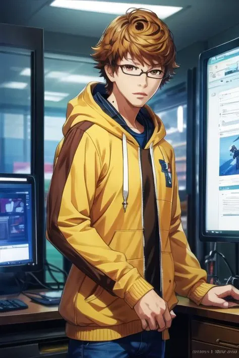 masterpiece, best quality, photorealistic, 1boy, solo, male focus, looking at viewer, , depth of field, <lora:nishiki_nishio:0.76>, nishiki_nishio, brown hair, brown eyes, glasses, hoodie, , science fiction social science fiction,