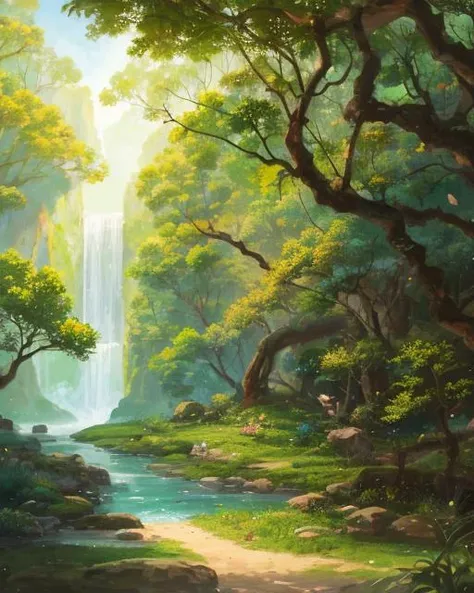 (highres:1.1), best quality, (masterpiece:1.2),  vivid color, digital painting, Jungle, water, natural beauty, peaceful oasis