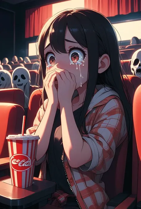 (masterpiece, best quality), 1girl,   <lora:girllikehorrormovie:0.8> (((horror movie))), (((crowd))), ((hands on own face)), ((cinema seating)), ((scared)), ((crying with eyes open)), popcorn, cocacola, disposable cup, plaid jacket, stairs, night, open mou...