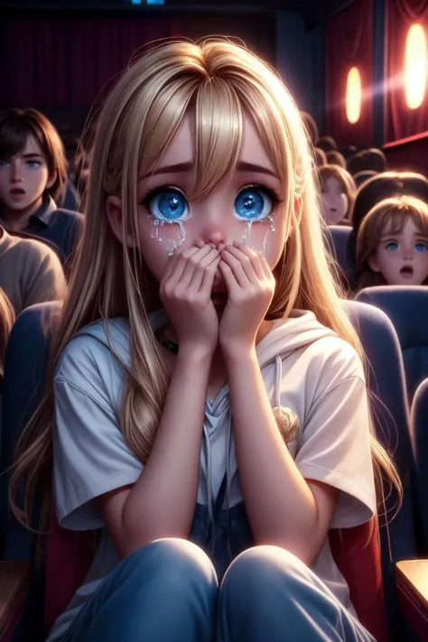 a girl with blue eyes sitting in a movie theater