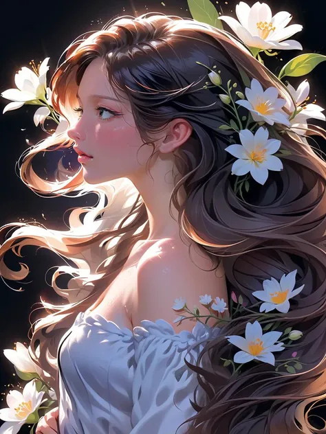 a woman with long hair and flowers in her hair