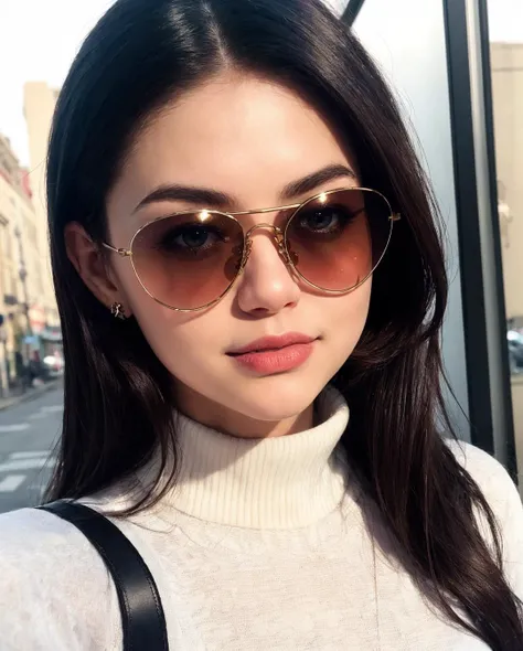 a woman wearing sunglasses and a turtle neck sweater standing on a street