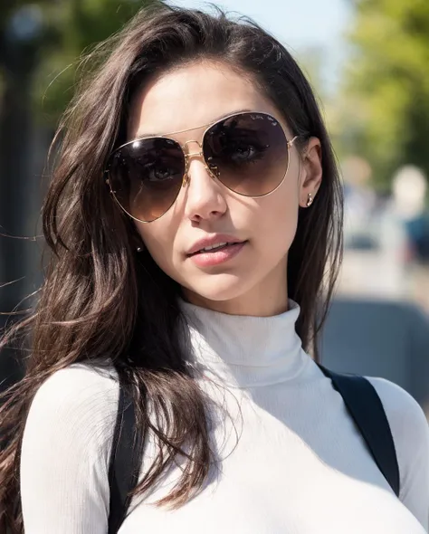 a close up of a woman wearing sunglasses and a white top