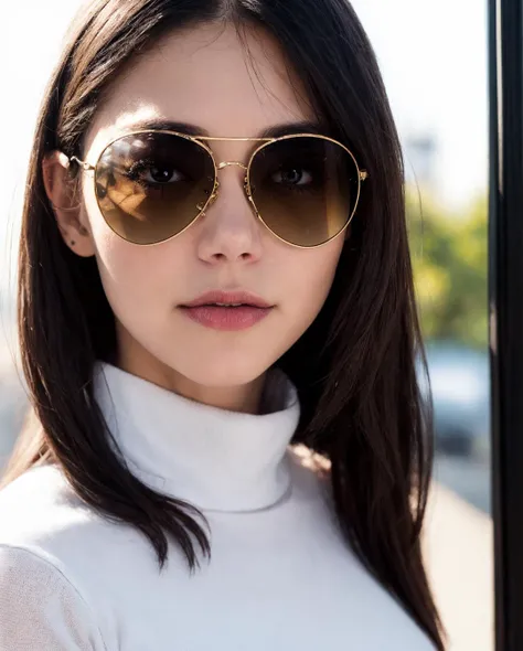 a woman wearing sunglasses and a white turtle neck shirt