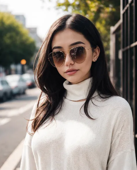 1girl, DEN_jess_taras, BREAK, wearing, turtleneck sweater, aviators, sunglasses, reflection, tinted, BREAK, looking at viewer, smirk , BREAK, outdoors, park, natural lighting, bokeh, portrait, <lora:Prop_Sunglasses_v1:0.8>, BREAK, masterpiece, best quality...